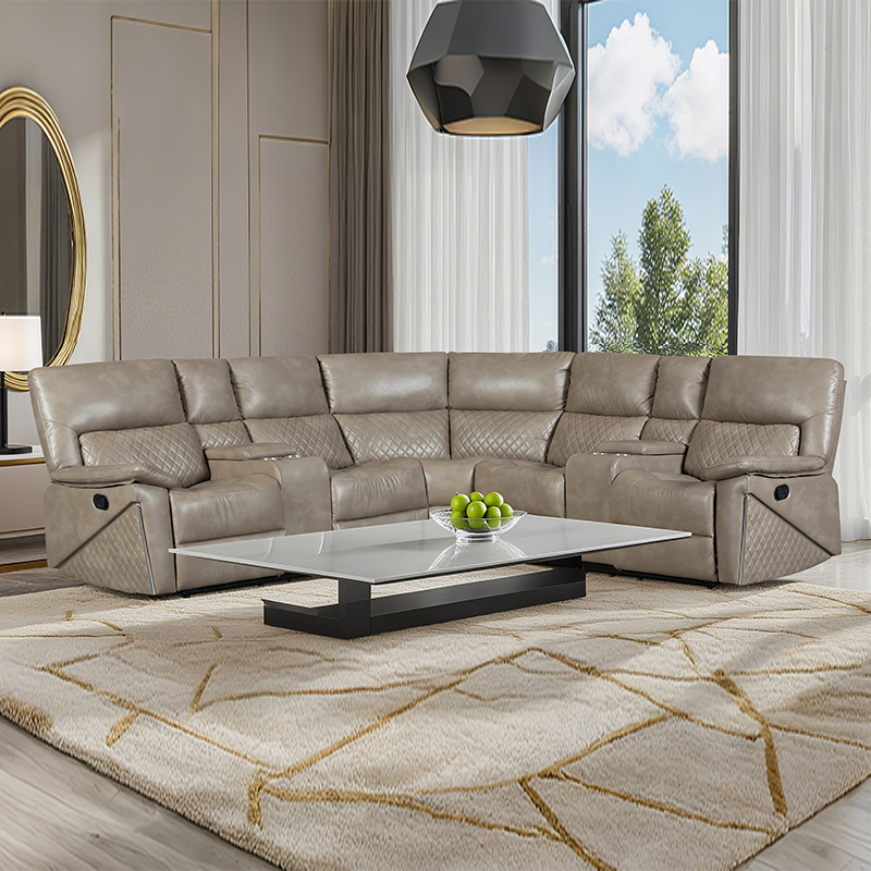 Coltar sectional rabatabil manual din 5 piese cu suporturi pentru pahare in maro