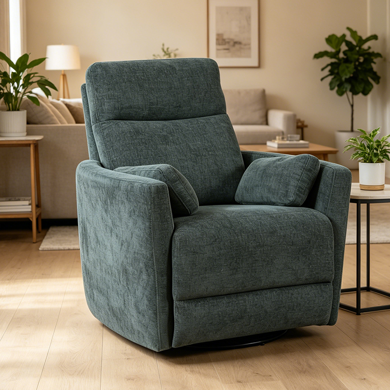 Recliner modern, pivotant din chenille, cu perne